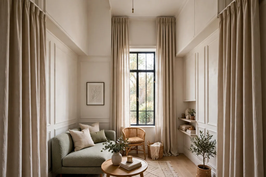 Small living room with high hung curtains