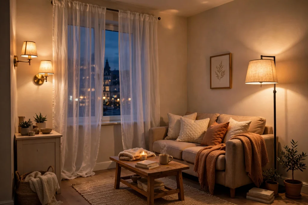 Small living room with layered lighting and sheer curtains