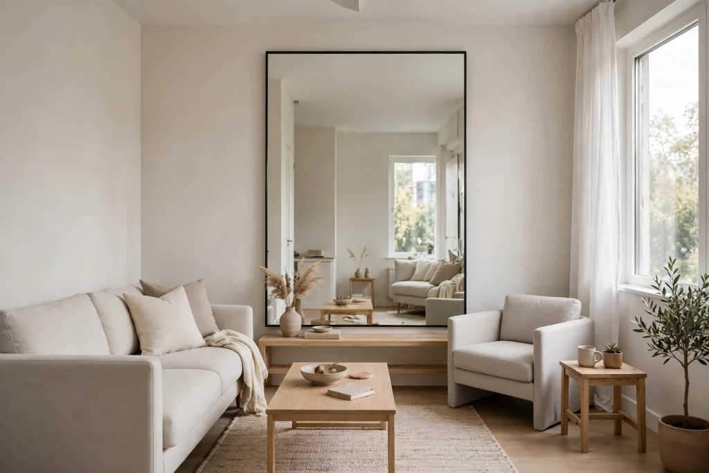 Small living room with light colors and large mirror