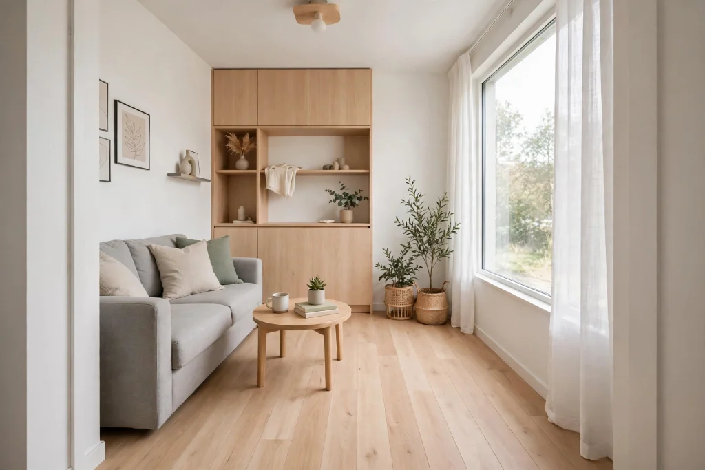  Small living room with light continuous wood flooring