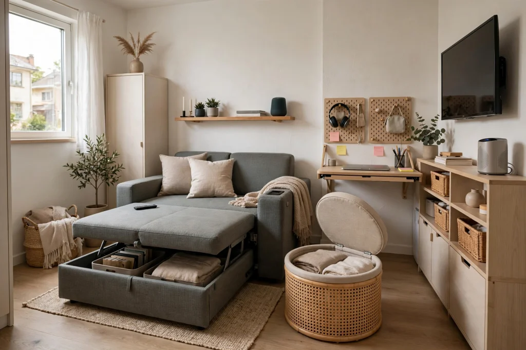 Small living room with multifunctional sofa bed and storage ottoman