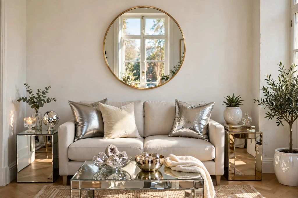 Small living room with round mirror above sofa