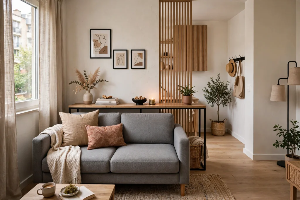 Small living room with slim console table behind sofa