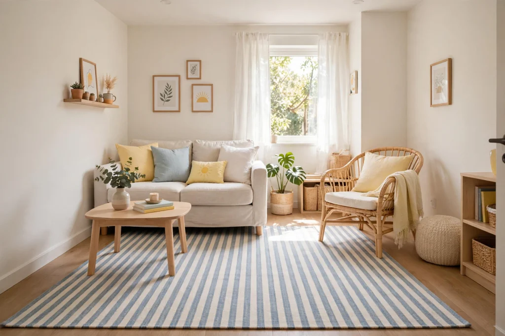 Small living room with striped area rug