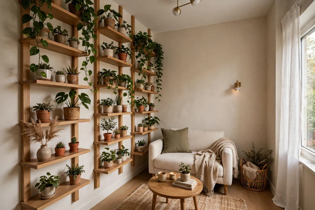 Small living room with vertical floating shelves and plants