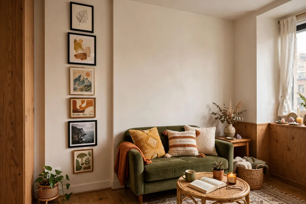 Small living room with vertical gallery wall