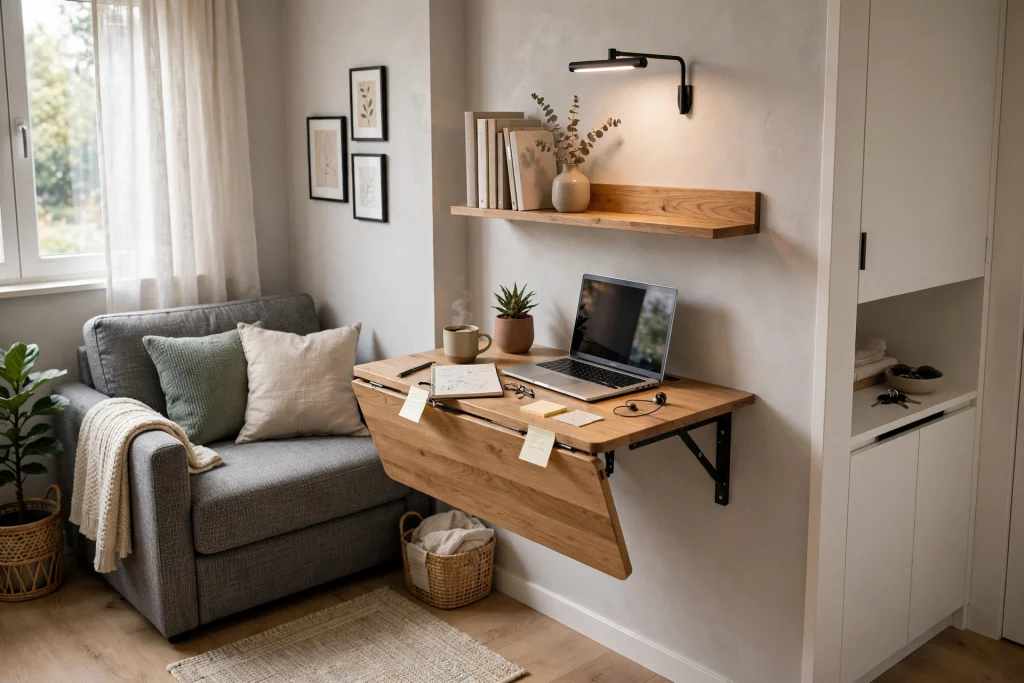  Small living room with wall-mounted foldable table