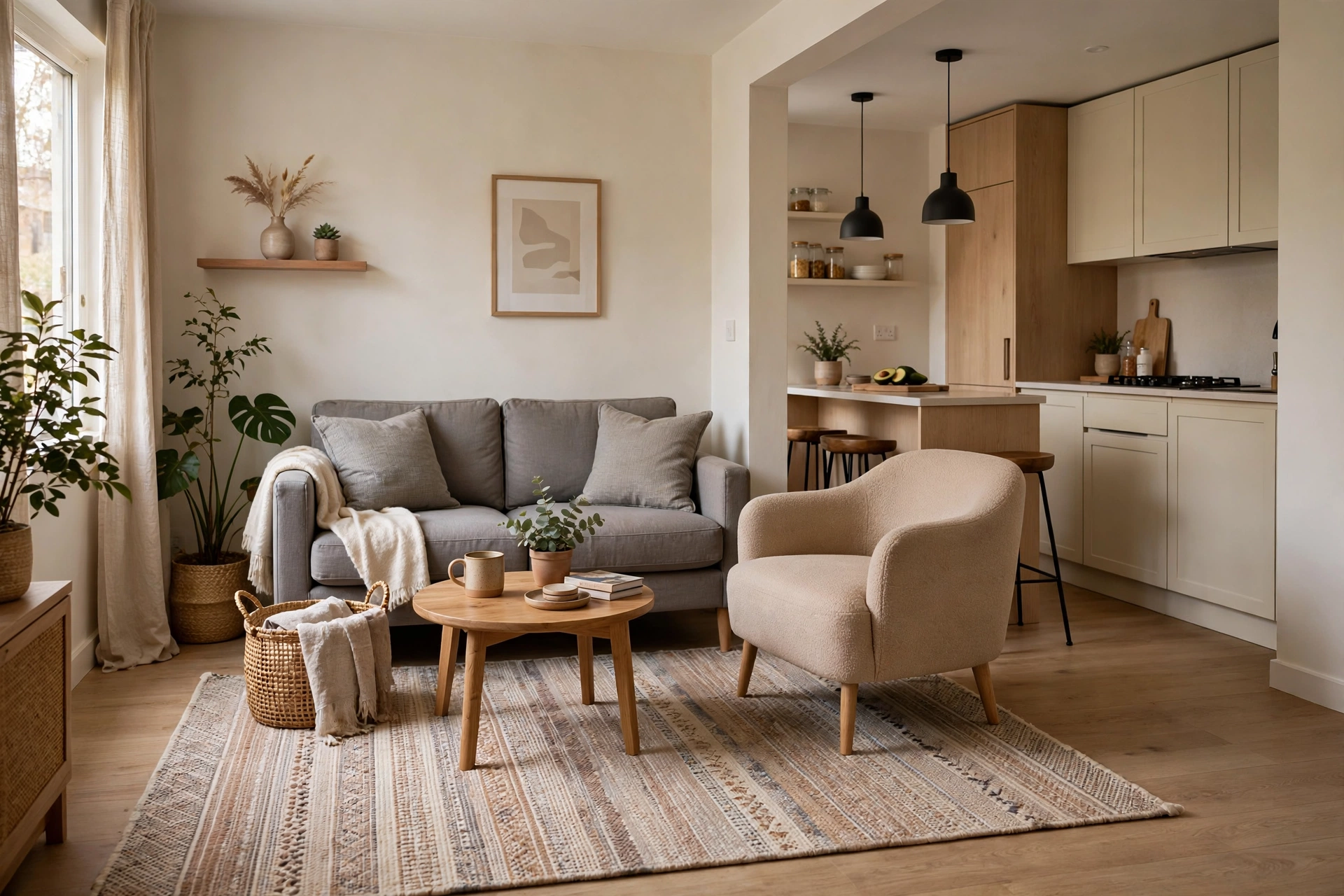Small open-plan living room with area rug defining seating zone