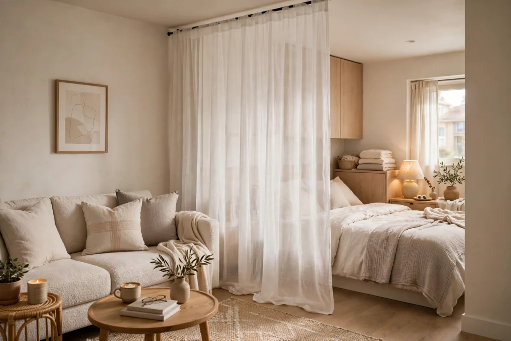 Small studio living room with sheer curtain divider