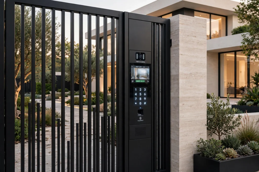 Smart security black metal villa gate with camera and intercom
