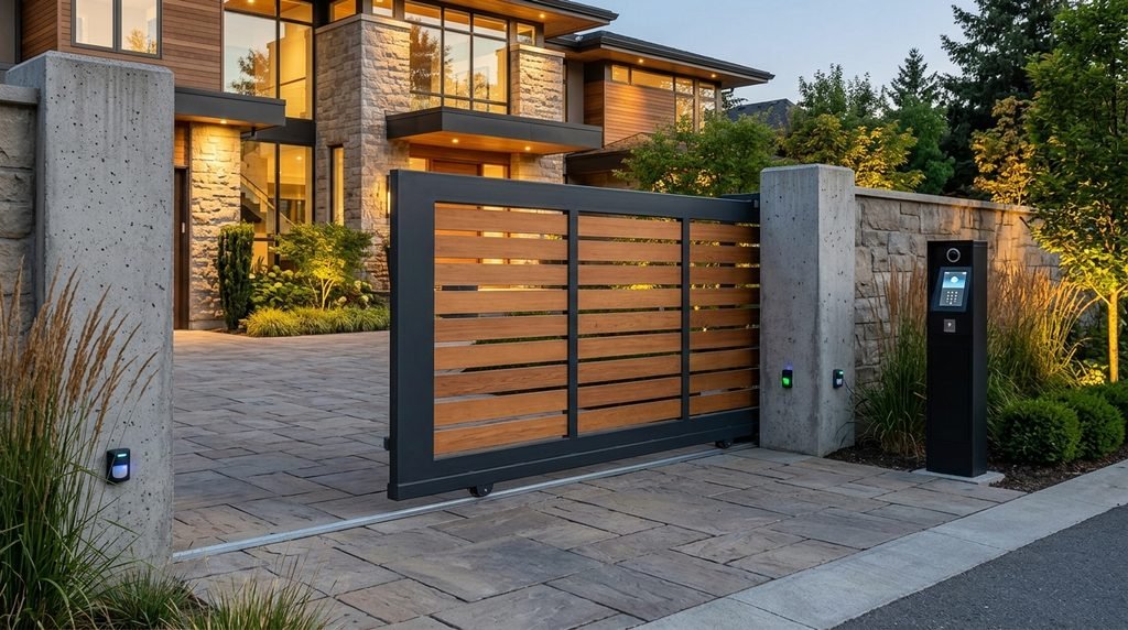 25 Modern Gate Design Ideas to Enhance Your Home's Entrance in 2026 20 Automated gate with built-in safety sensors.