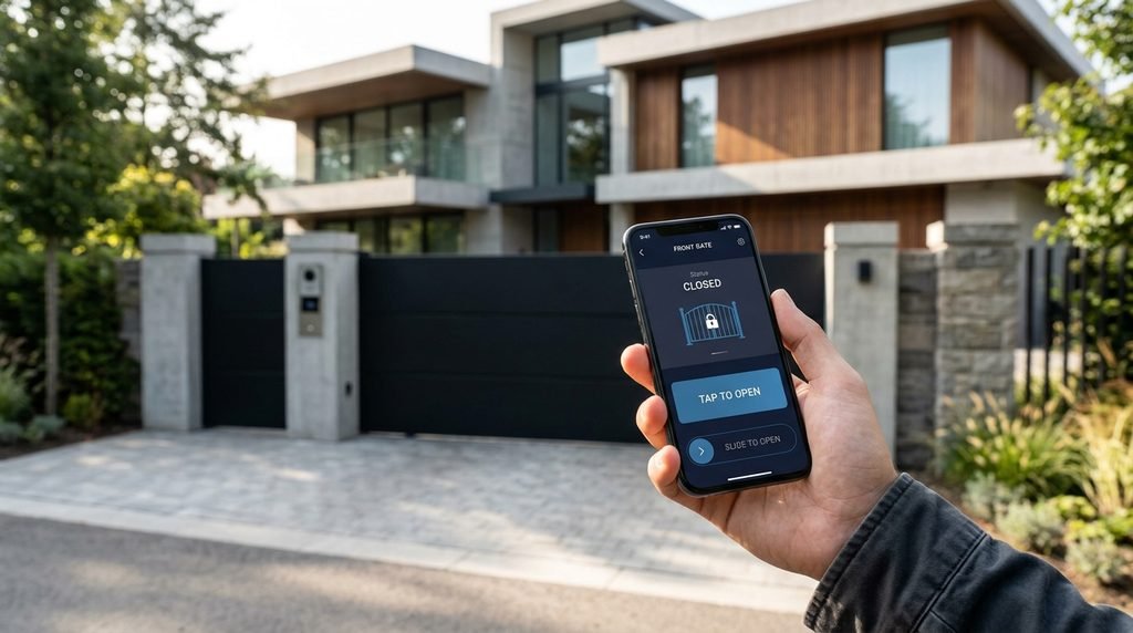 25 Modern Gate Design Ideas to Enhance Your Home's Entrance in 2026 40 Automatic gate with smartphone control.