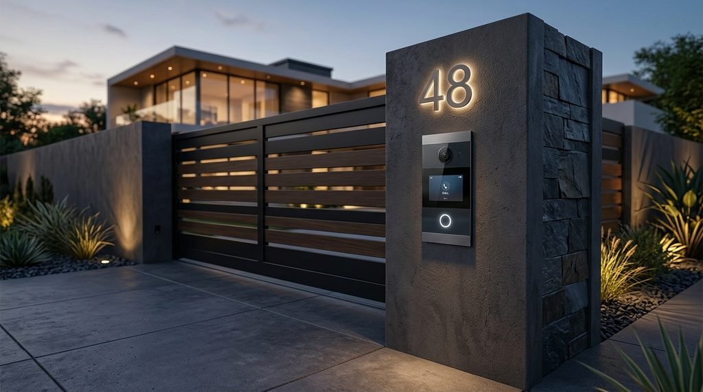 25 Modern Gate Design Ideas to Enhance Your Home's Entrance in 2026 19 Video intercom installed beside a modern entrance gate