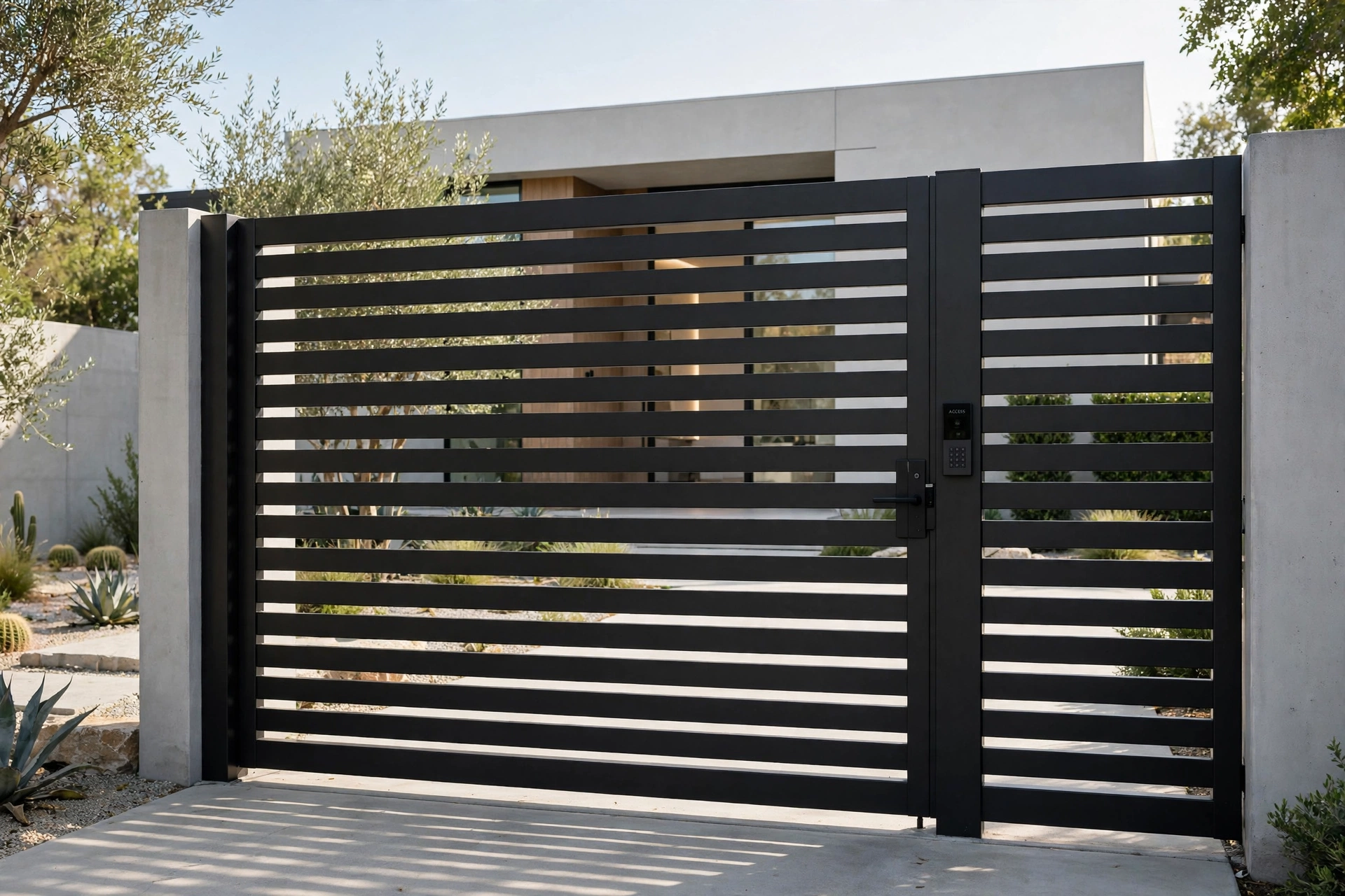 Luxury Black Gate Design: 25 Striking Ideas for a Bold Entrance 4 Matte black steel slat luxury gate