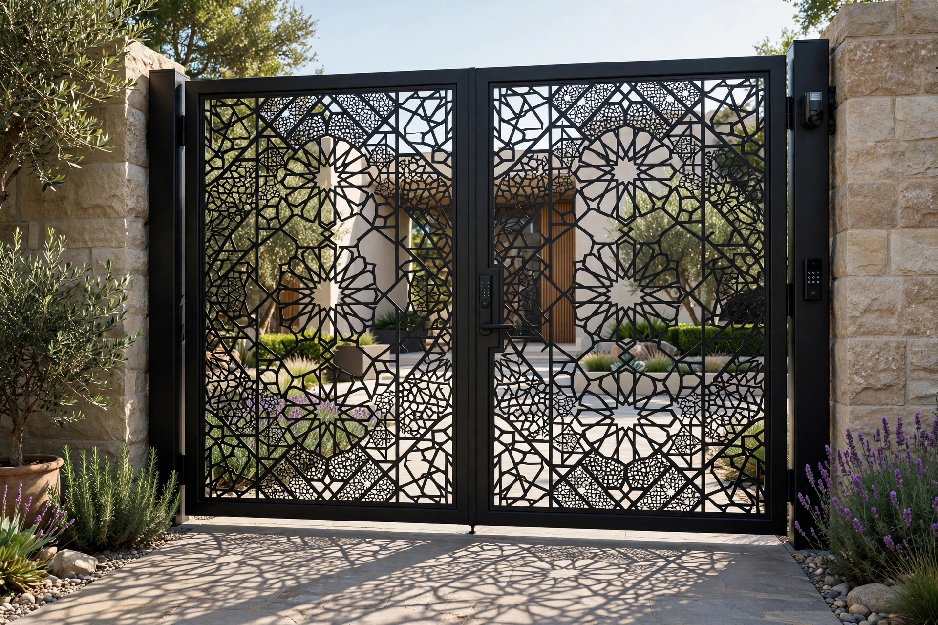 Luxury Black Gate Design: 25 Striking Ideas for a Bold Entrance 6 Laser-cut patterned black luxury gate