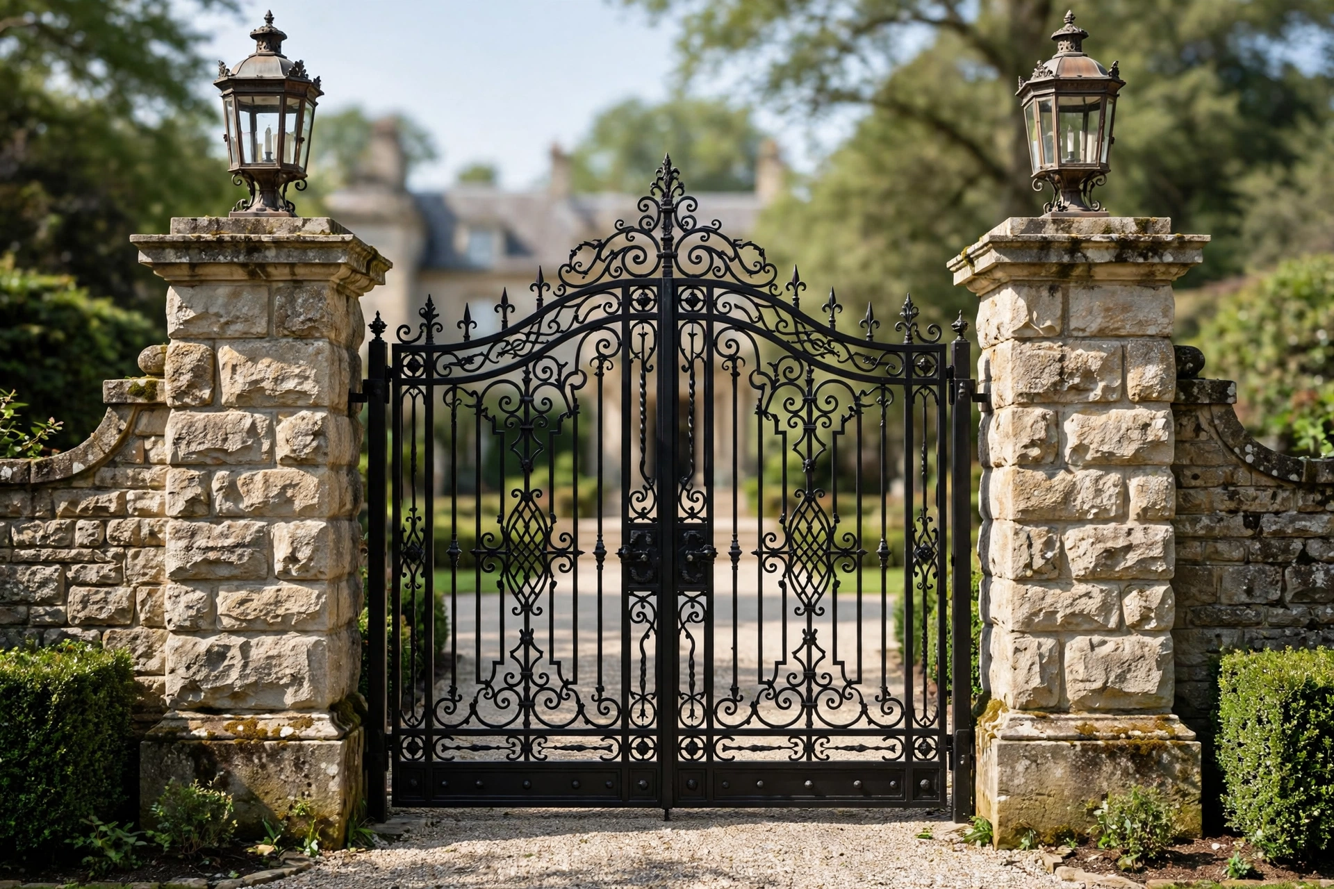 Luxury Black Gate Design: 25 Striking Ideas for a Bold Entrance 9 Black gate with grand stone pillars