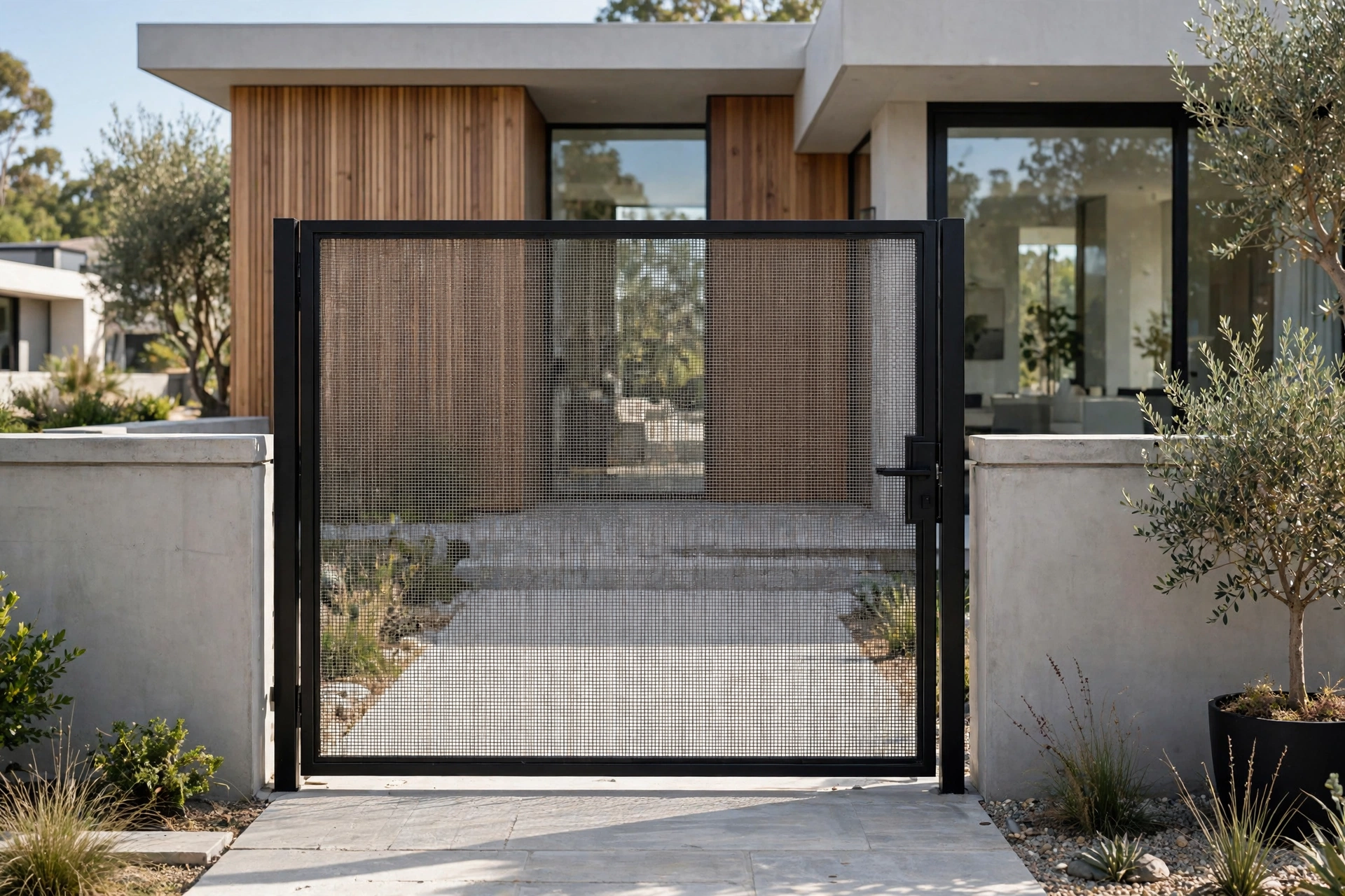 Luxury Black Gate Design: 25 Striking Ideas for a Bold Entrance 10 Minimalist black frame and mesh gate
