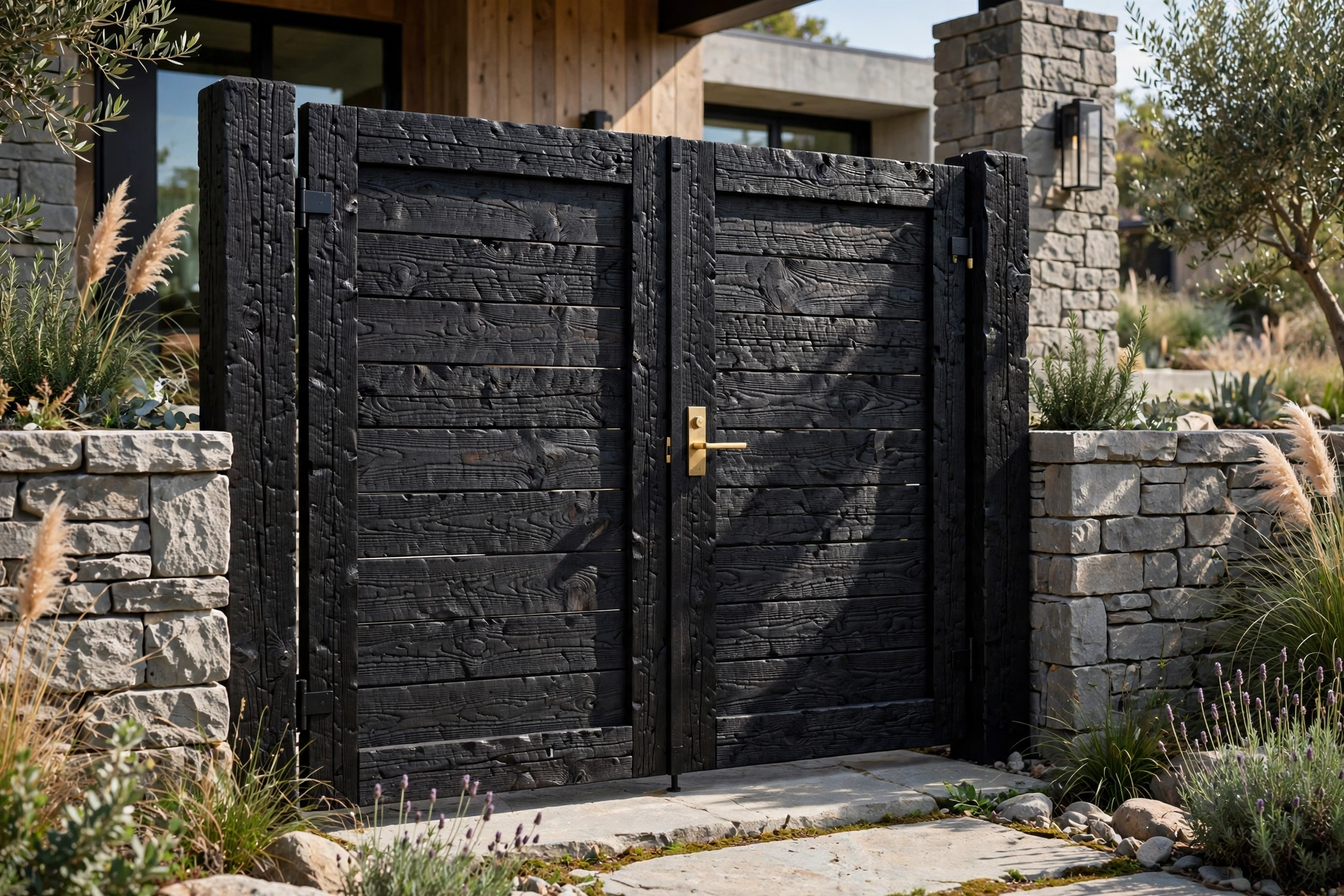 Luxury Black Gate Design: 25 Striking Ideas for a Bold Entrance 11 Black charred timber luxury gate