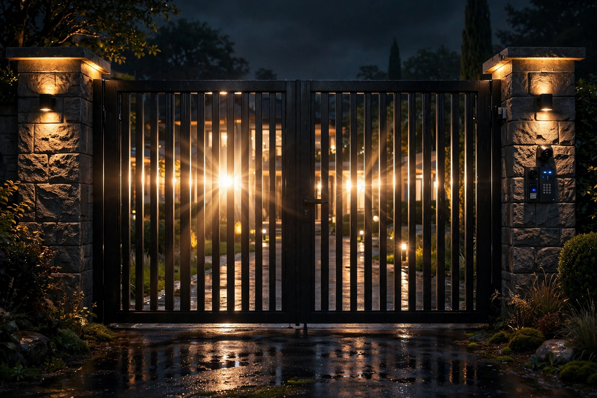 Luxury Black Gate Design: 25 Striking Ideas for a Bold Entrance 12 Backlit black luxury gate at night