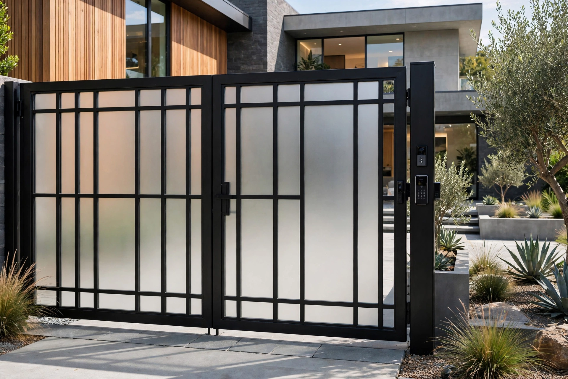 Luxury Black Gate Design: 25 Striking Ideas for a Bold Entrance 15 Black luxury gate with glass panels