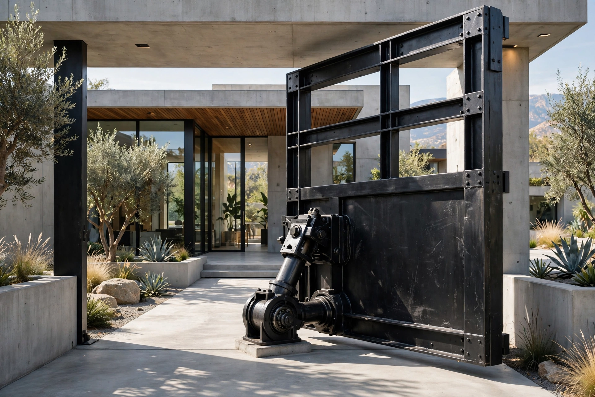 Luxury Black Gate Design: 25 Striking Ideas for a Bold Entrance 16 Oversized black pivot gate