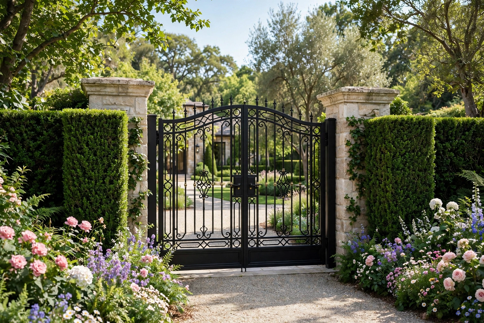Luxury Black Gate Design: 25 Striking Ideas for a Bold Entrance 17 Black luxury gate framed by landscaping