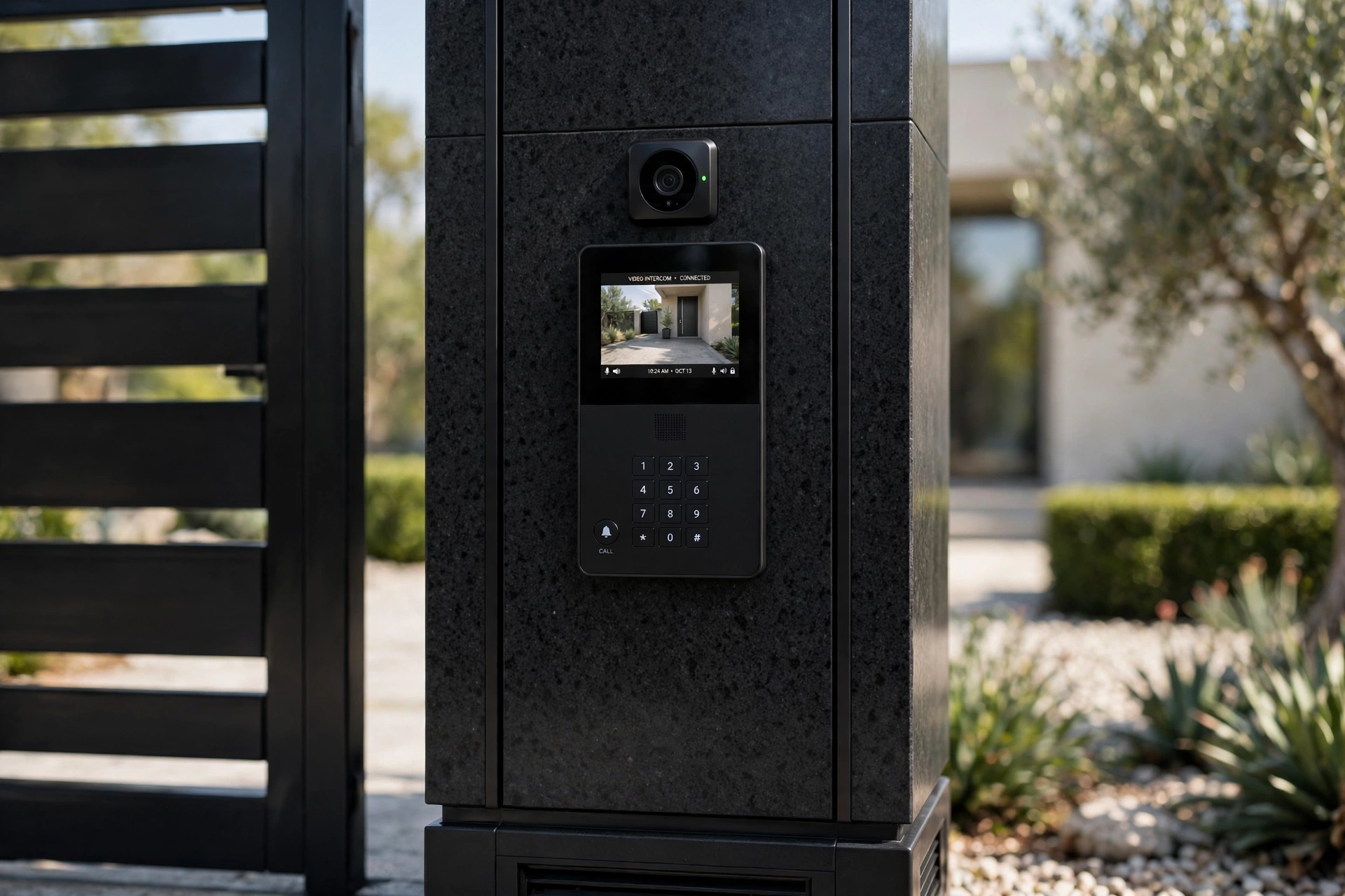 Luxury Black Gate Design: 25 Striking Ideas for a Bold Entrance 20 Black gate with integrated intercom and camera