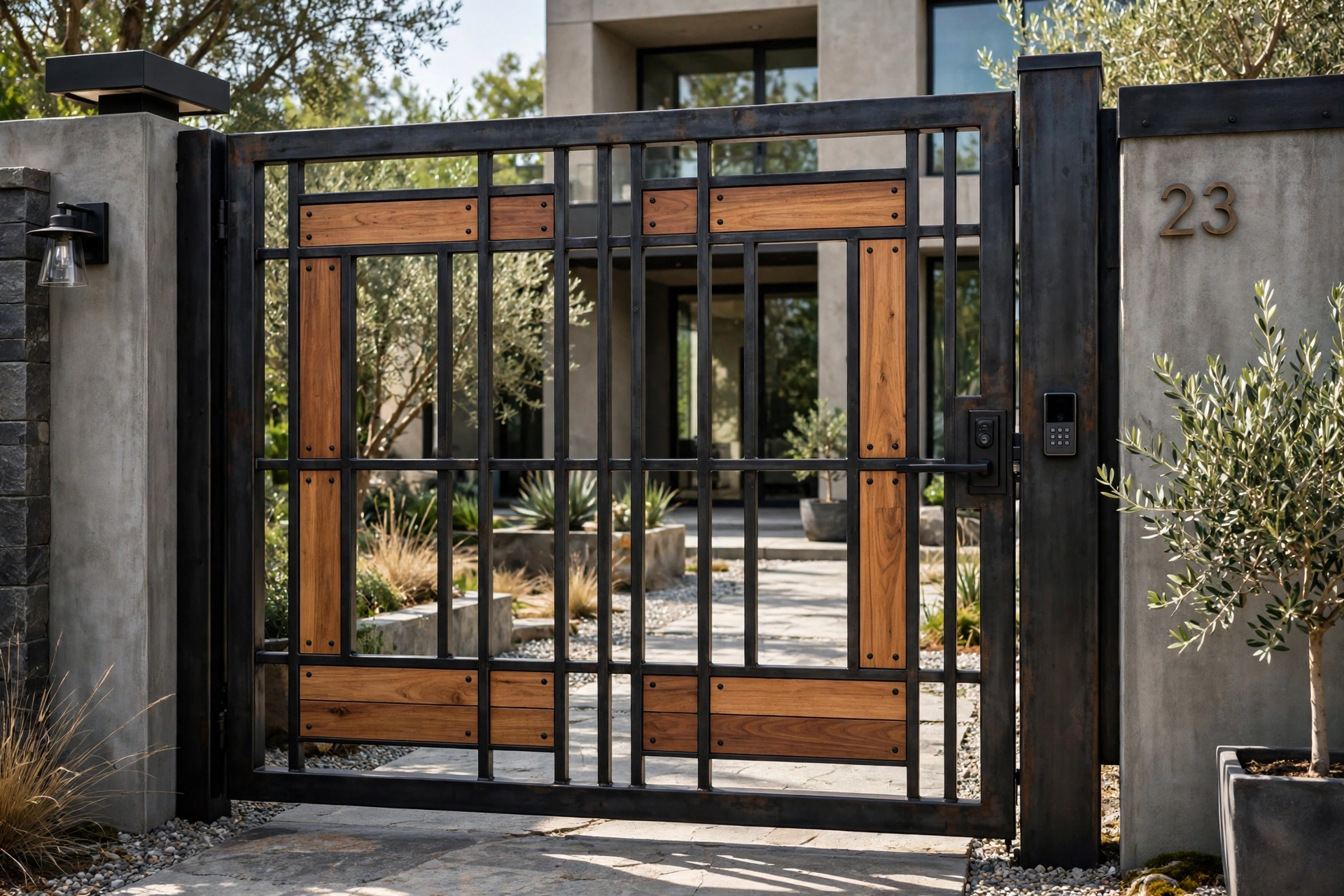 Luxury Black Gate Design: 25 Striking Ideas for a Bold Entrance 22 Blackened steel gate with warm wood accents