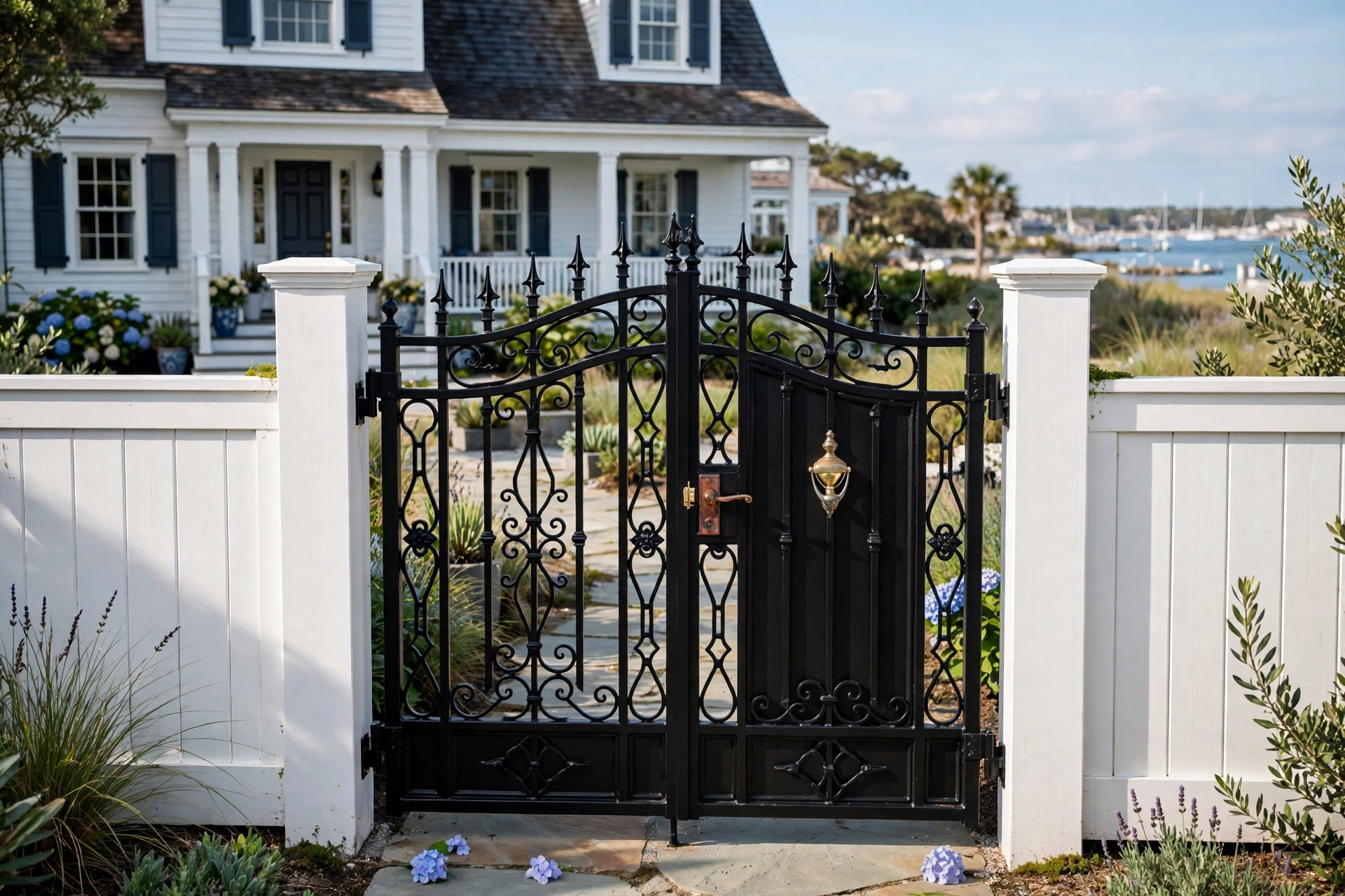 Luxury Black Gate Design: 25 Striking Ideas for a Bold Entrance 24 Black gate contrasting with white fence
