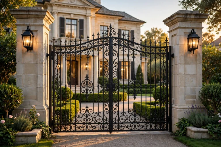 Luxury black wrought iron gate at elegant home entrance