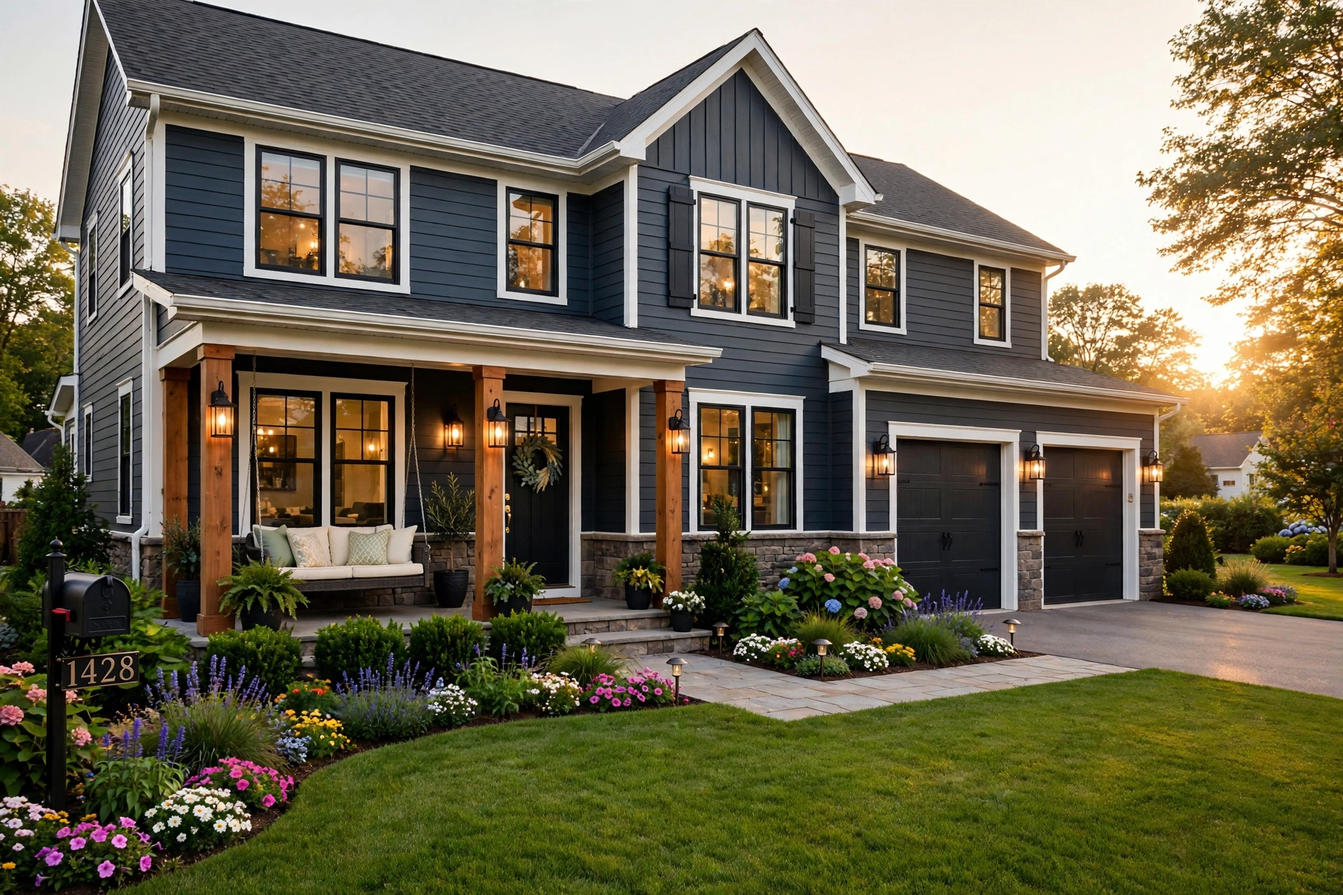 Beautiful home exterior with lush landscaping and curb appeal.