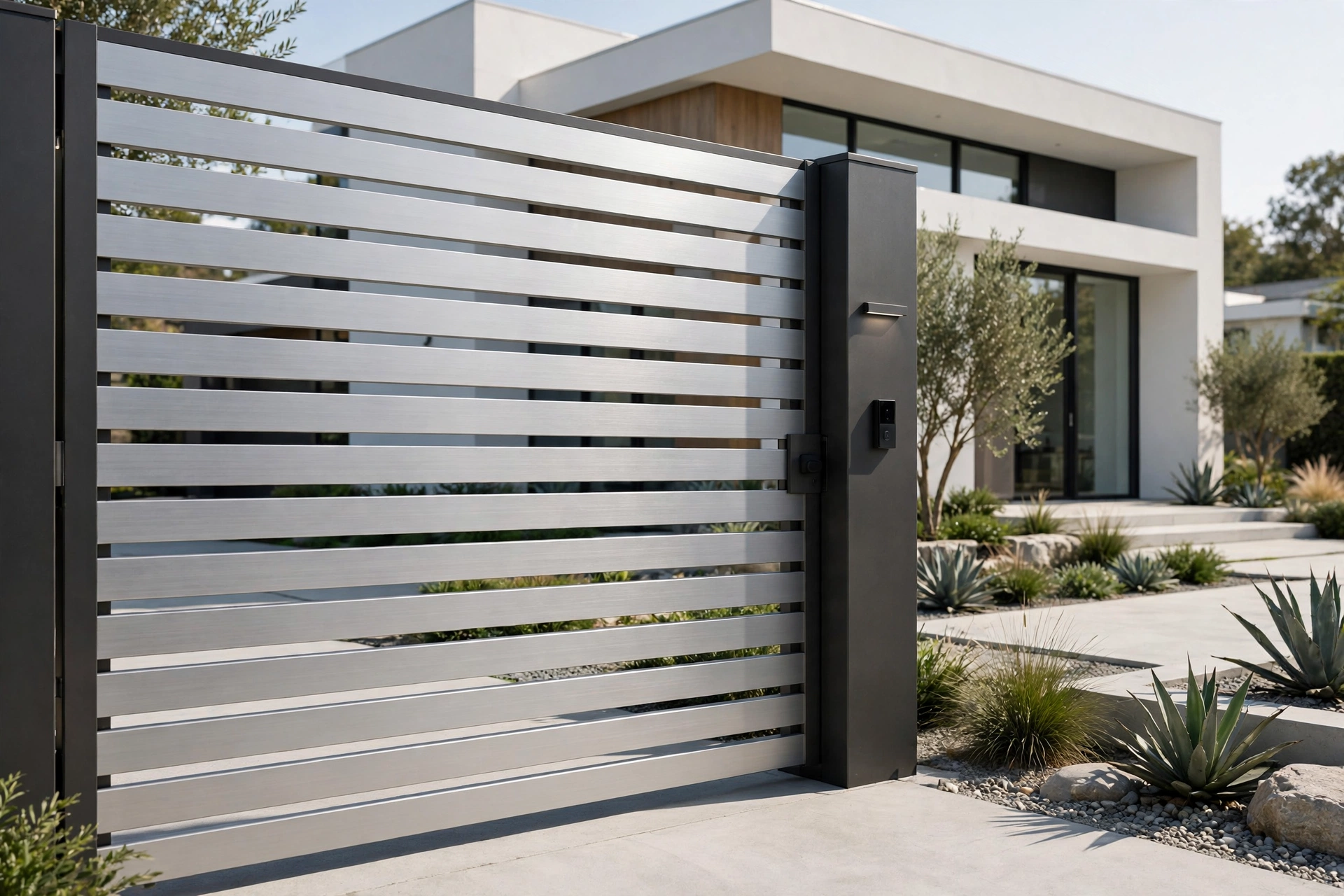 Modern main gate with horizontal slats