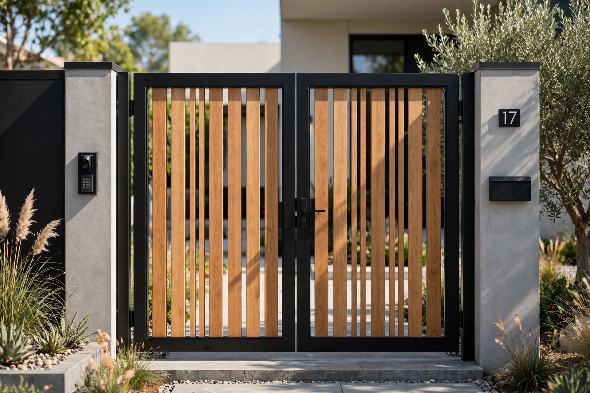 Modern gate mixing wood and metal