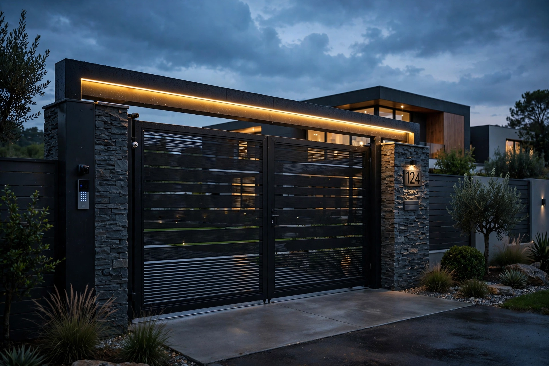 Modern main gate with integrated LED lighting