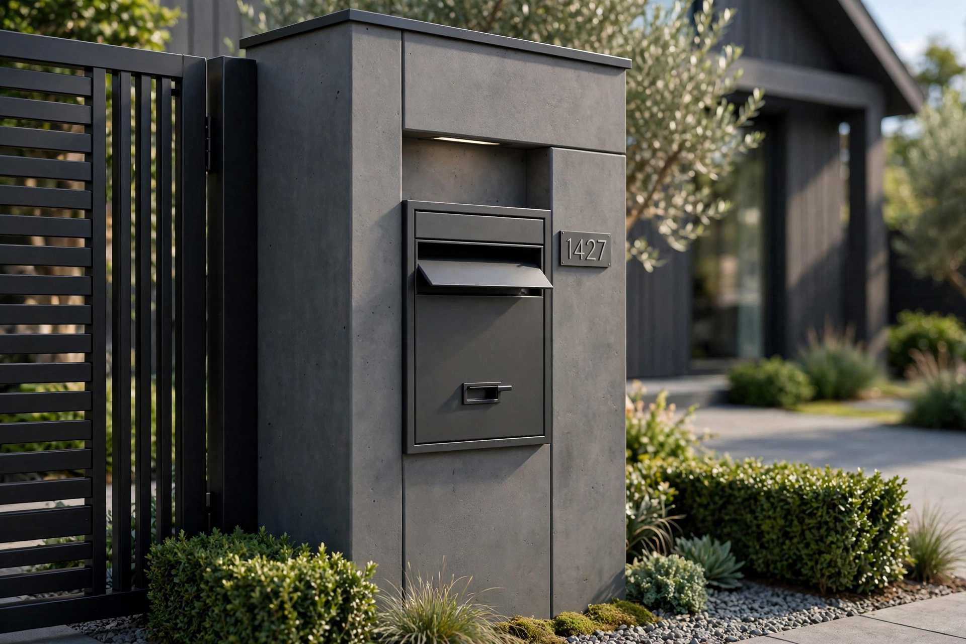 Modern gate with integrated mailbox
