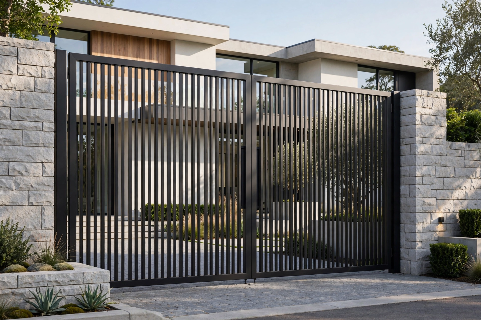 Modern main gate with vertical slats