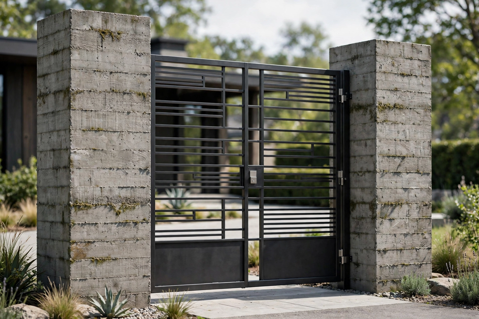 Modern gate combining concrete and metal