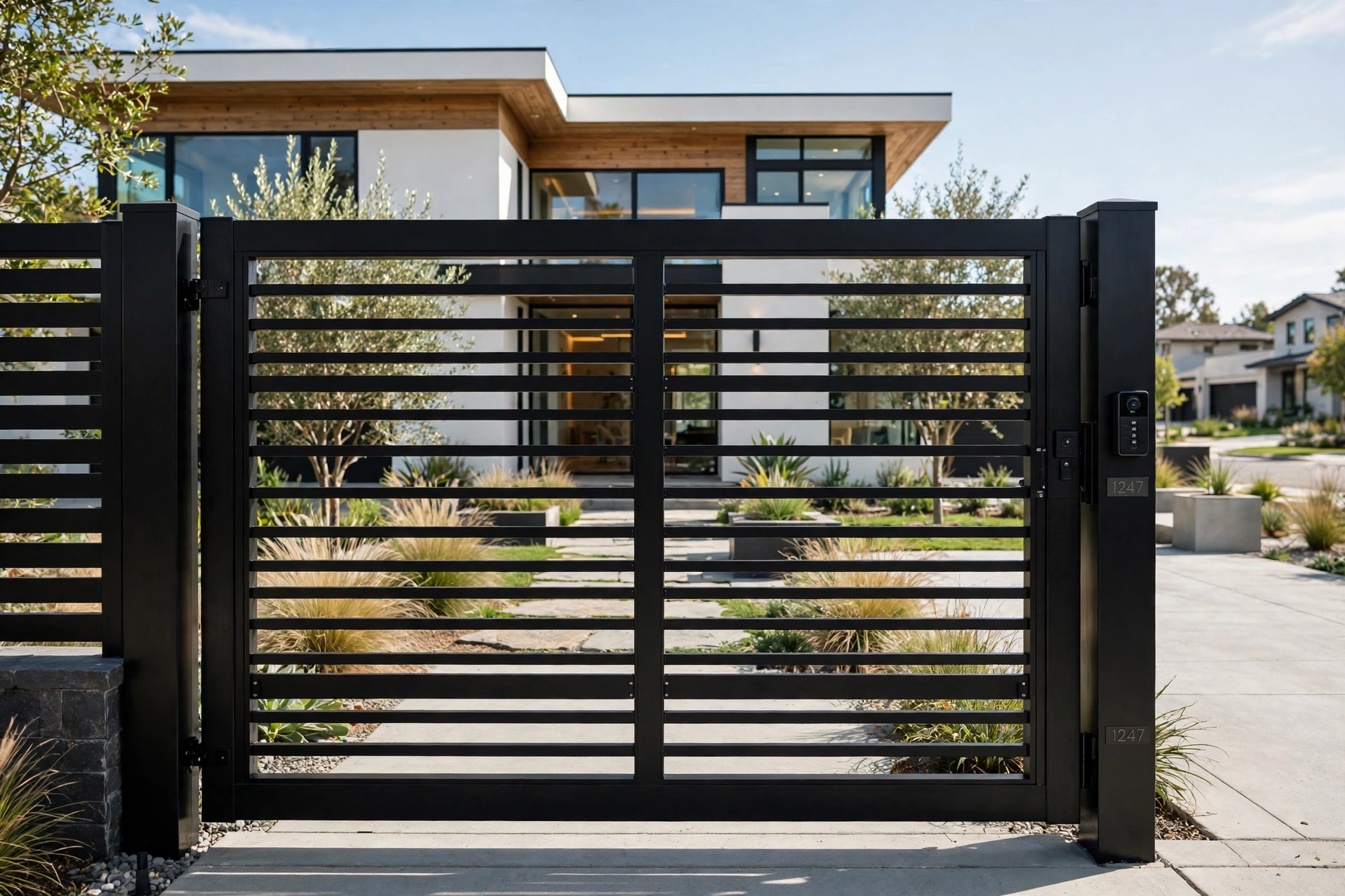 Sleek black aluminum modern main gate