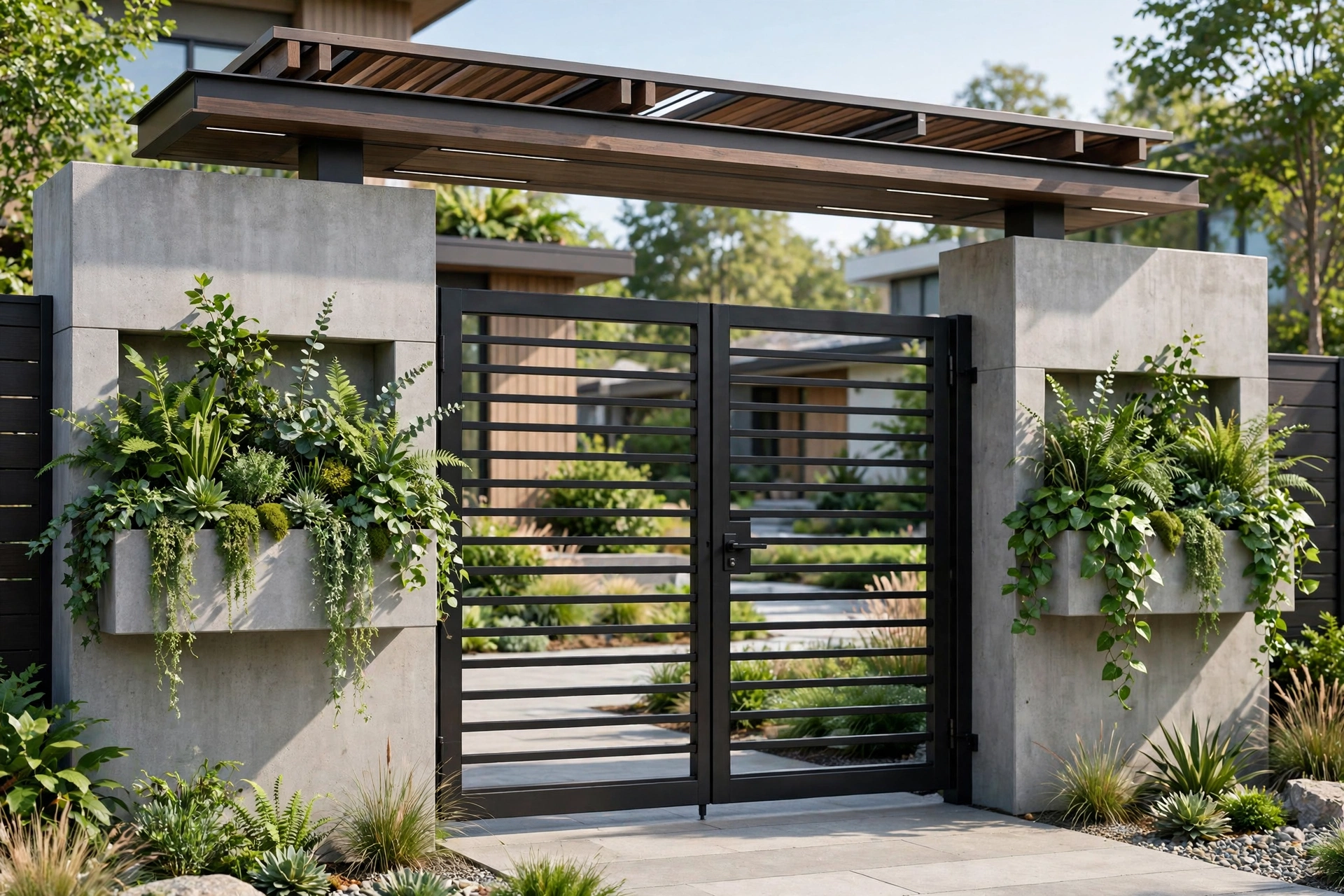 Modern main gate with integrated planters