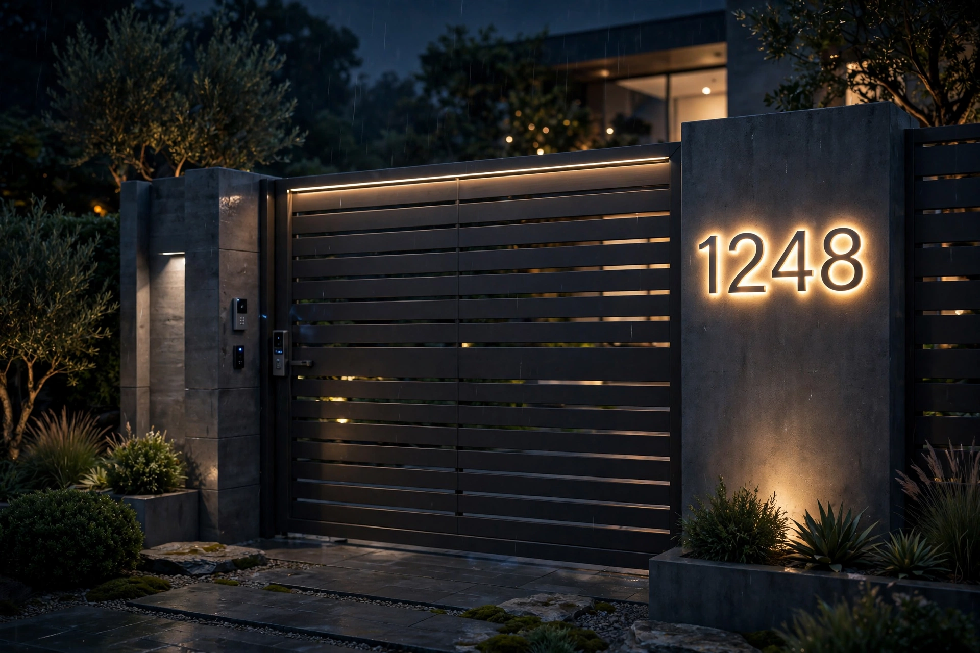 Modern gate with illuminated house numbers