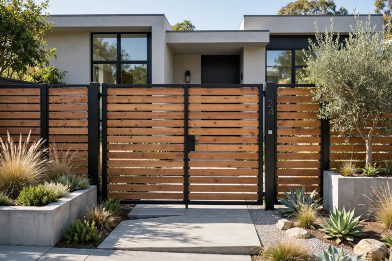 Modern main gate with horizontal slats at contemporary home