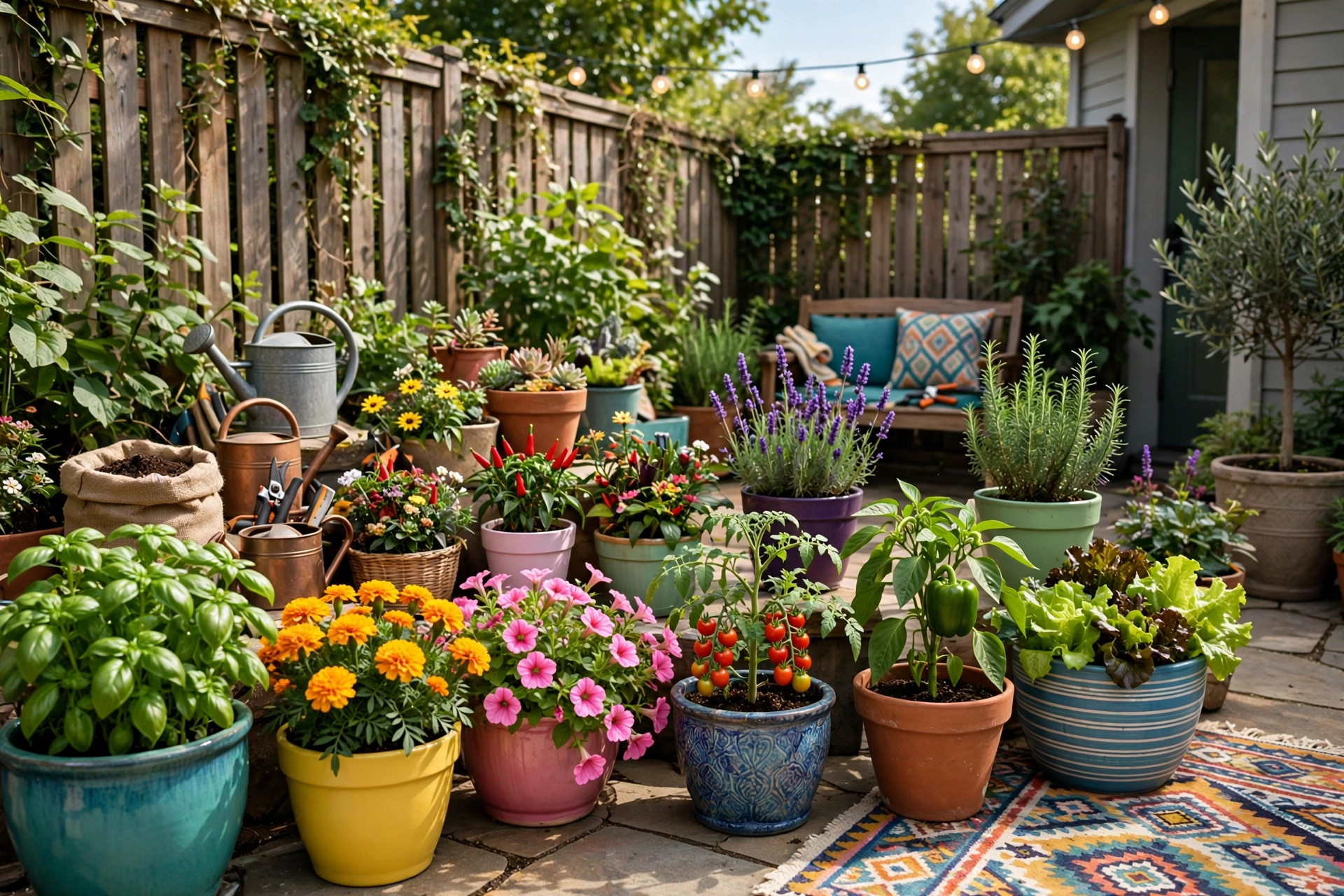 Backyard Garden Ideas: 25 Ways to Transform Your Outdoor Space 9 Backyard patio container garden with colorful pots