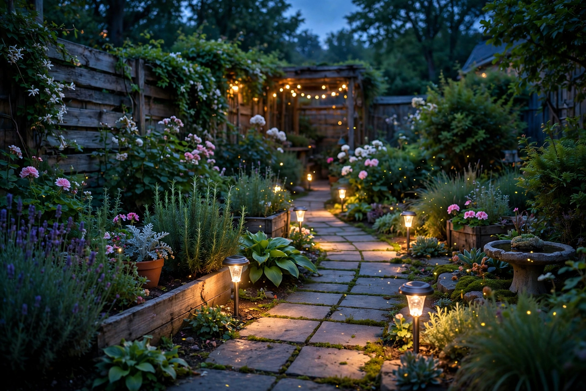 Backyard Garden Ideas: 25 Ways to Transform Your Outdoor Space 11 Backyard garden with solar lights at dusk