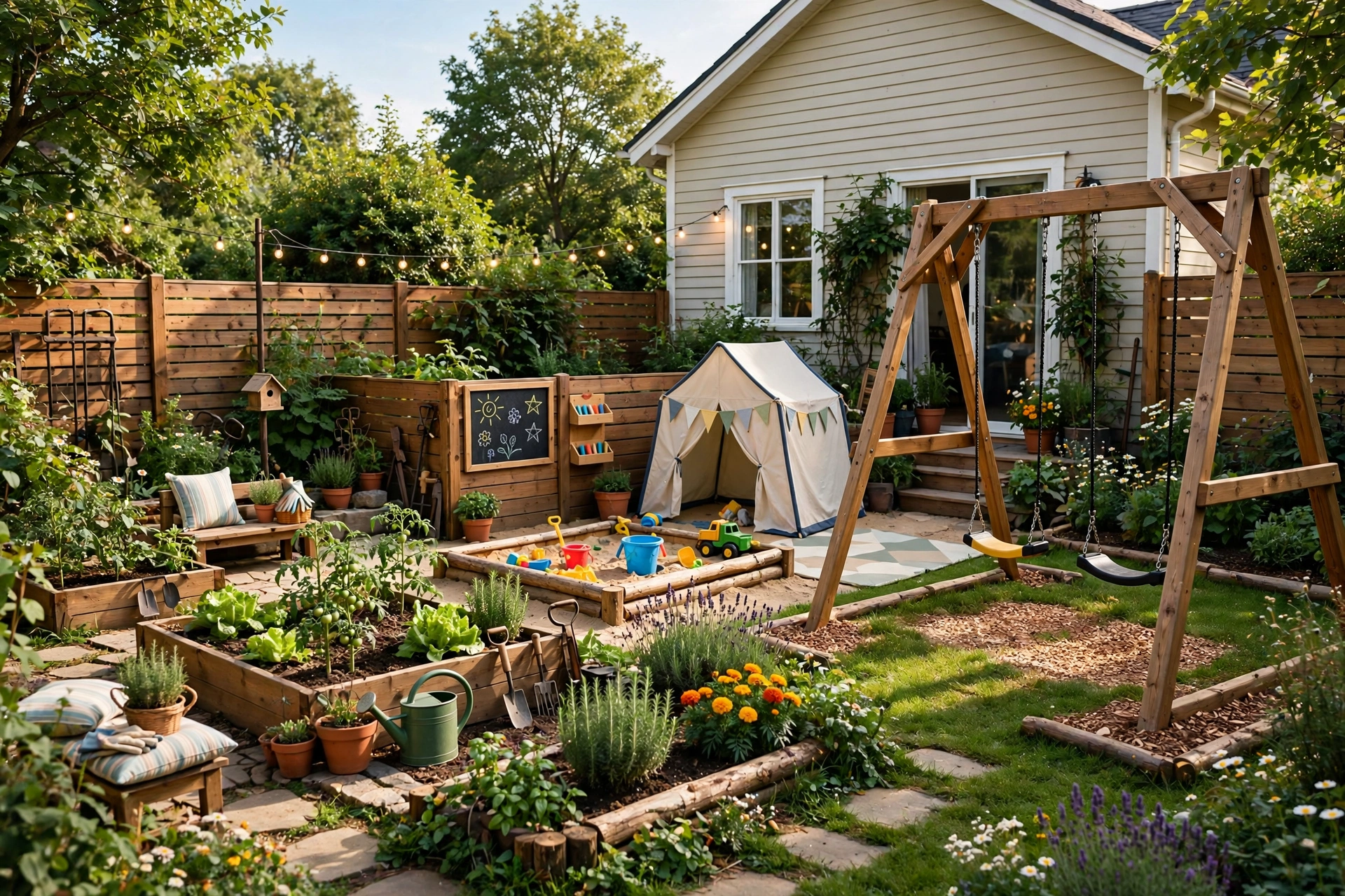 Backyard Garden Ideas: 25 Ways to Transform Your Outdoor Space 17 Family backyard garden with kids play corner