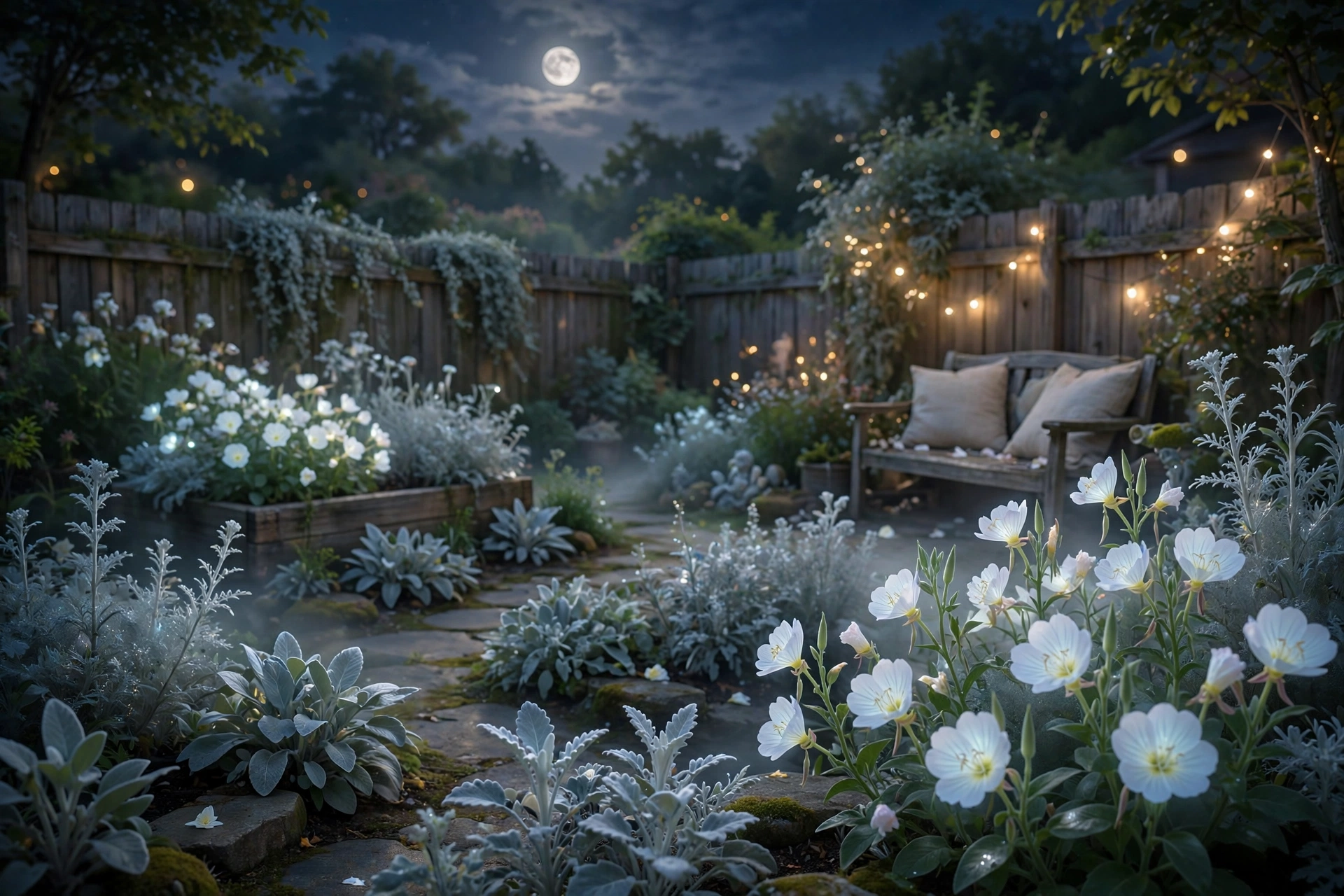 Backyard Garden Ideas: 25 Ways to Transform Your Outdoor Space 21 Backyard moon garden with white flowers at night