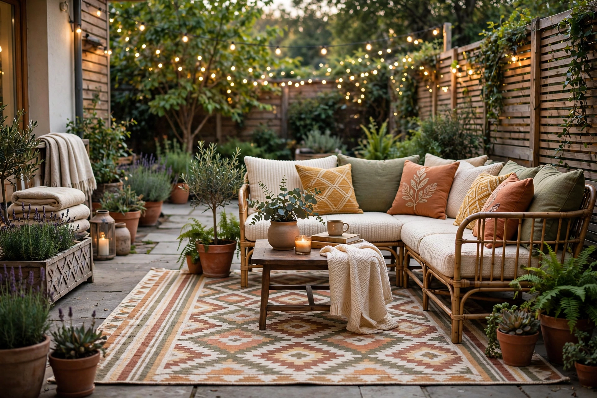 Backyard Garden Ideas: 25 Ways to Transform Your Outdoor Space 24 Backyard patio with outdoor rug and seating
