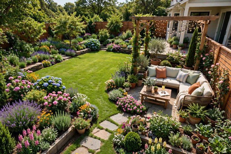 Lush backyard garden with seating area and flower beds
