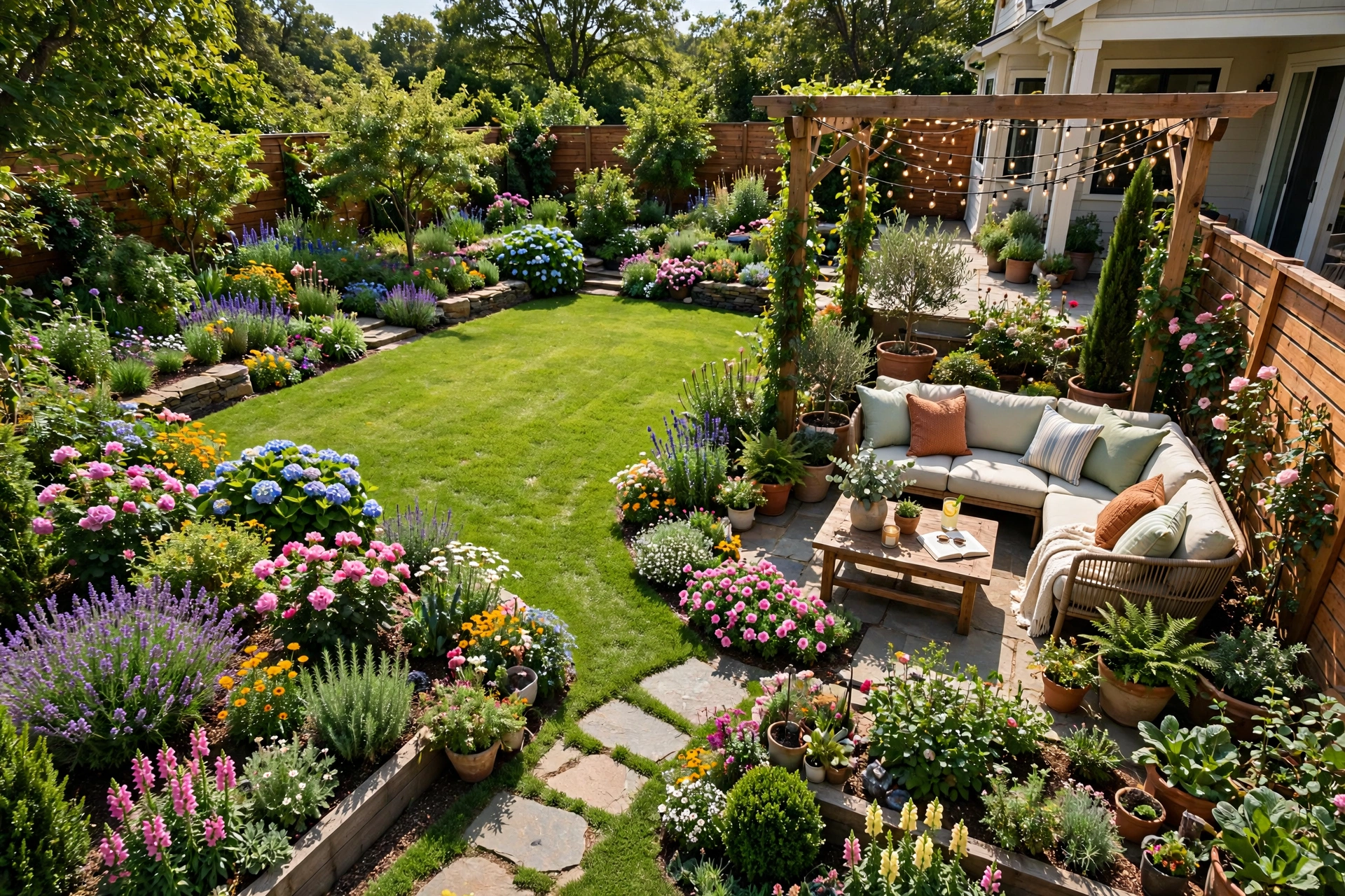 Backyard Garden Ideas: 25 Ways to Transform Your Outdoor Space 2 Lush backyard garden with seating area and flower beds