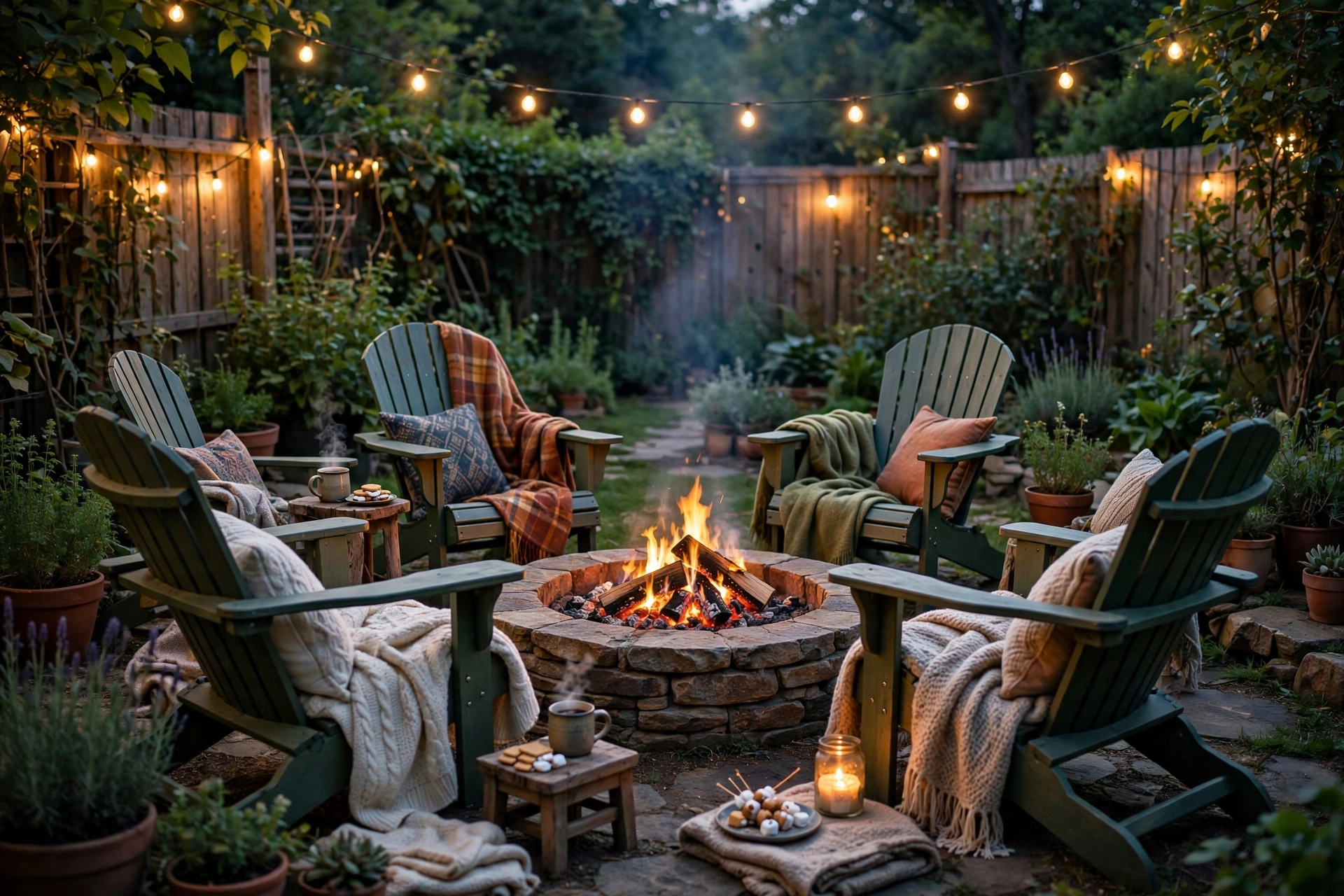 Fire pit circle with Adirondack chairs
