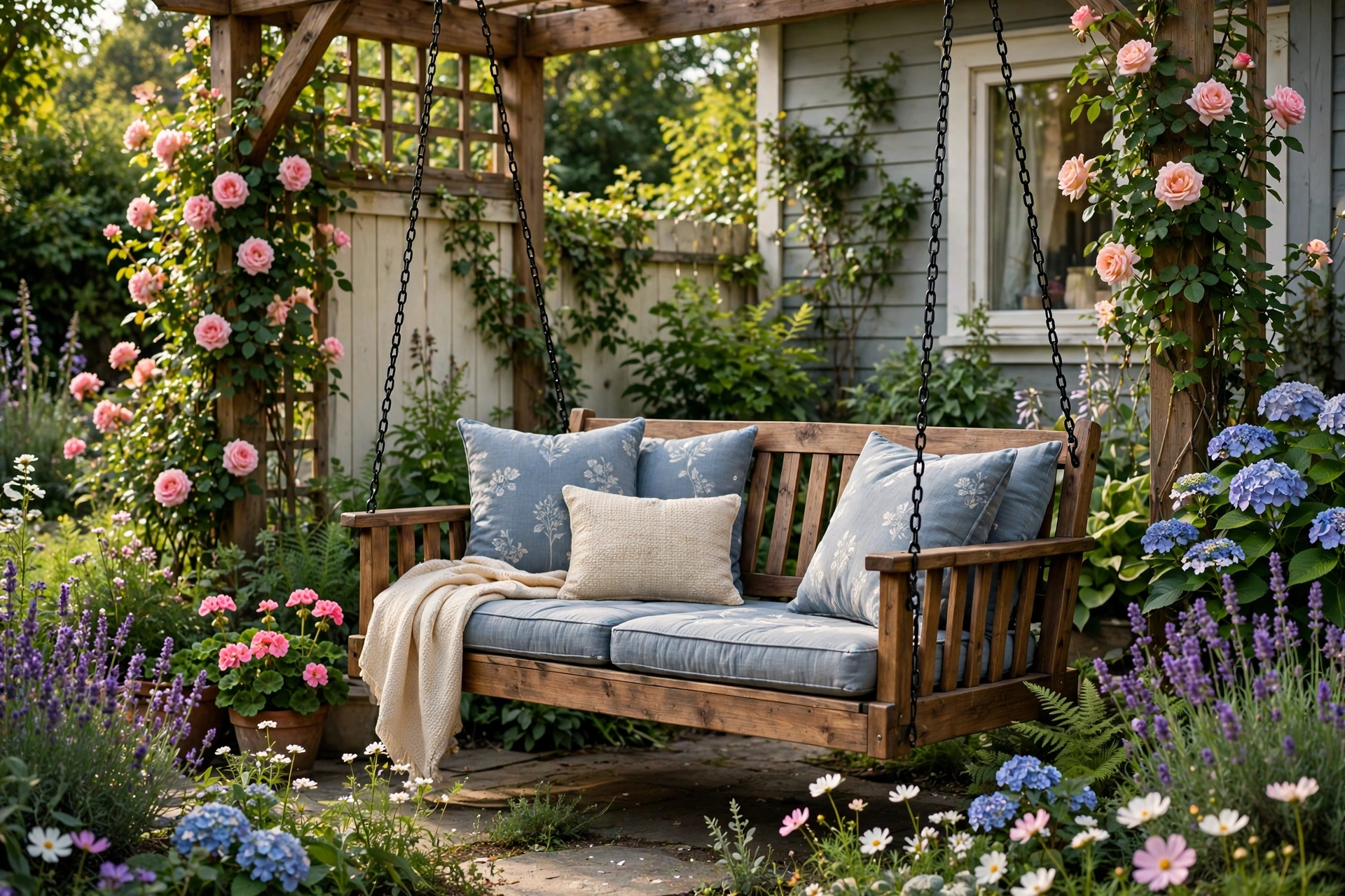 Wooden porch swing with cushions in garden